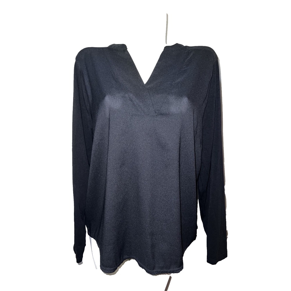Chicos Black Mixed Media Split V-Neck Long Sleeve Blouse Top Size‎ 3 XL